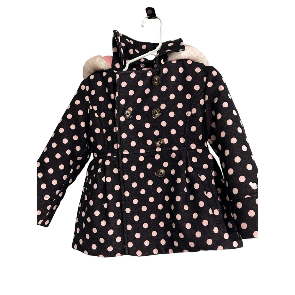 OshKosh 4T GIRLS Brown Pink Pea Coat Polka Dot Winter Jacket Hood Faux Fur